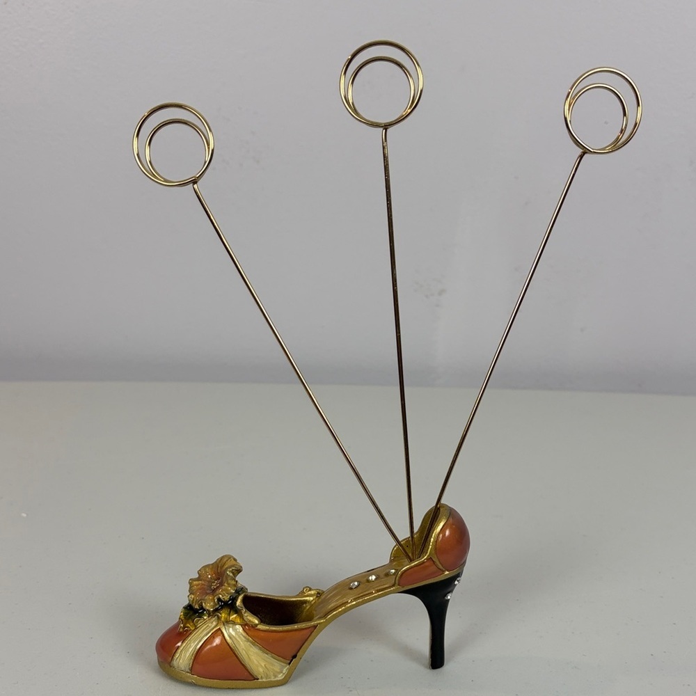 Decorative High Heel Shoe Photo Holder Memo Clip Stand Gold Orange Rhinestone - Picture 2 of 12